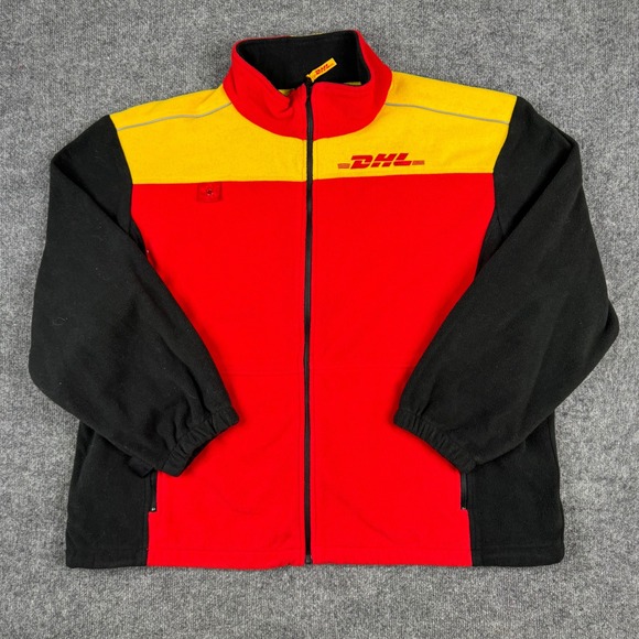 DHL Fleece Jacket Mens Size 2XL Red Yellow Black Color Block Zip Up Workwear